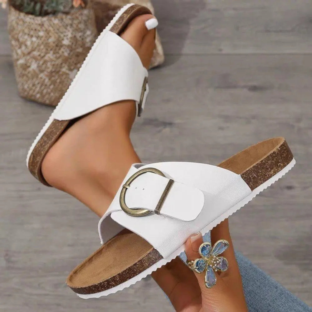 2026 Women's Cork Slippers Fashion Women Single Buckle Flip Flops