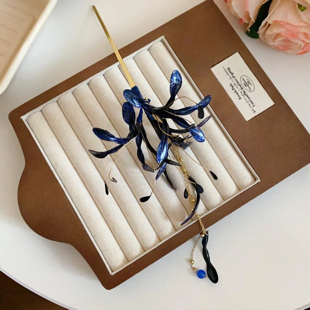 Chinese Spider Lily Flower Hair Sticks Wedding Vintage Dripping Oil Zpaxo Blue