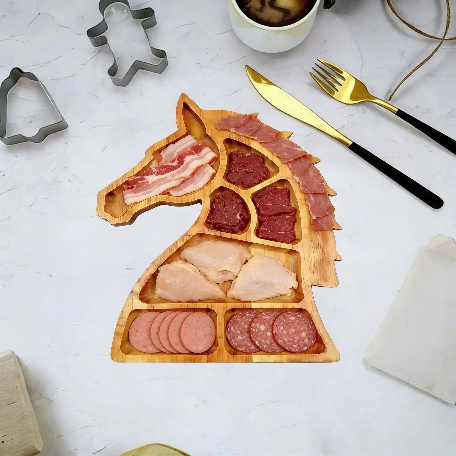 Wooden Serving Tray Horse Head Design Snack Dish Compartments Trays