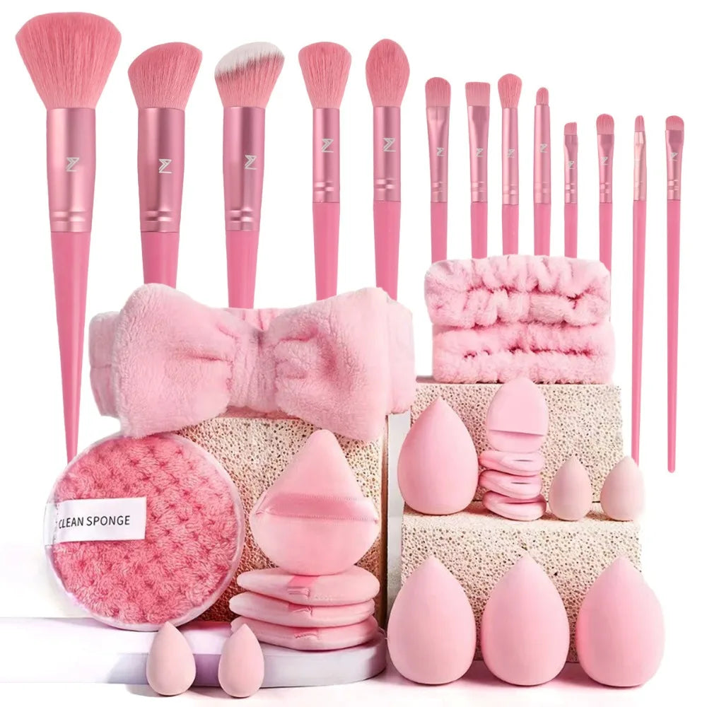 Soft 20 Makeup Tools Professional Comfortable Brush Headband Zpaxo Pink-33pcs