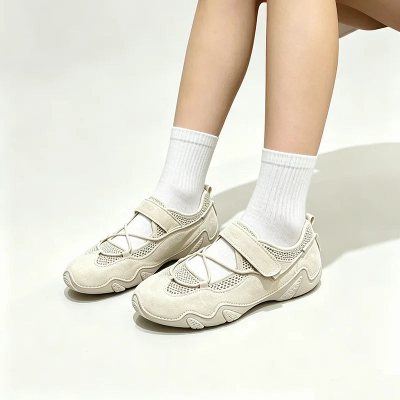 Women Breathable Mesh Mary Jane Sneakers Soft Suede Hook Loop Strap Casual Walking Shoes Summer Comfort Flat Sport Sandals Zpaxo