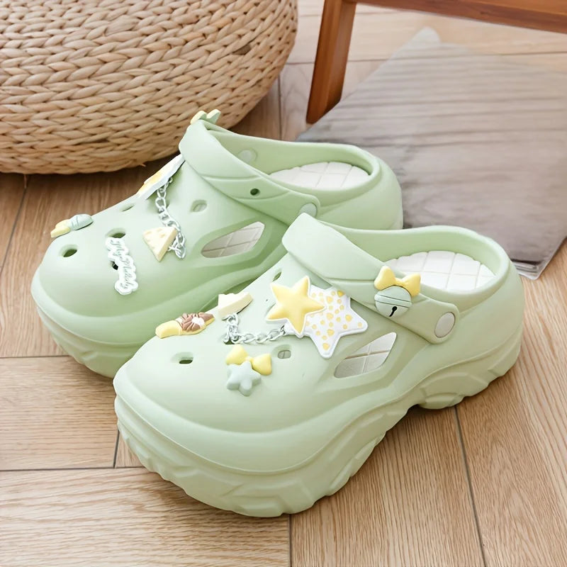 Women's Summer Beach Clogs Adorable Cartoon Accents Breathable Hollow Zpaxo light green 39-40