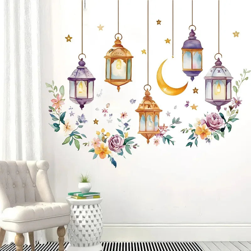 Eid Al Fitr Watercolor Plant Flower Star Moon Wall Stickers Ramadan
