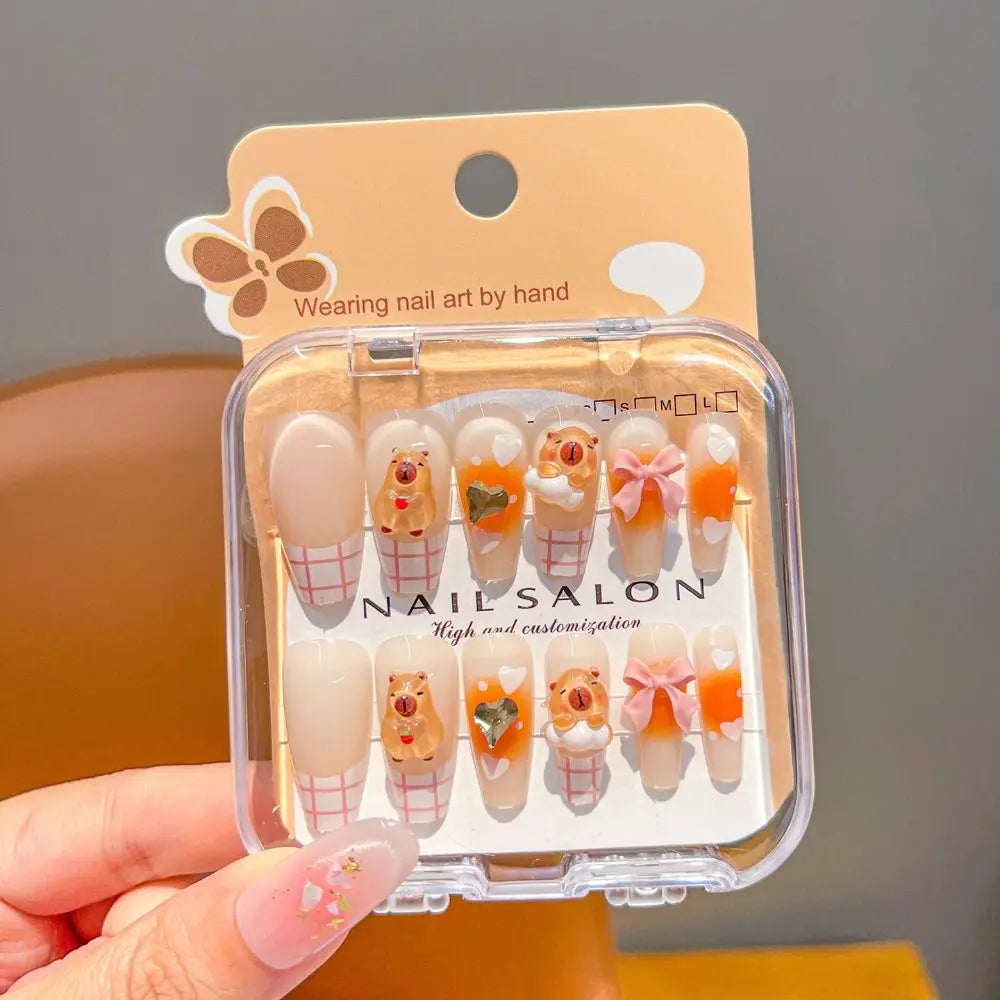 Hot Cartoon Children Wearing Nails Cherry Love Heart Cute Press on Nail Detachable Long Nail Sticker for Girls Students Zpaxo