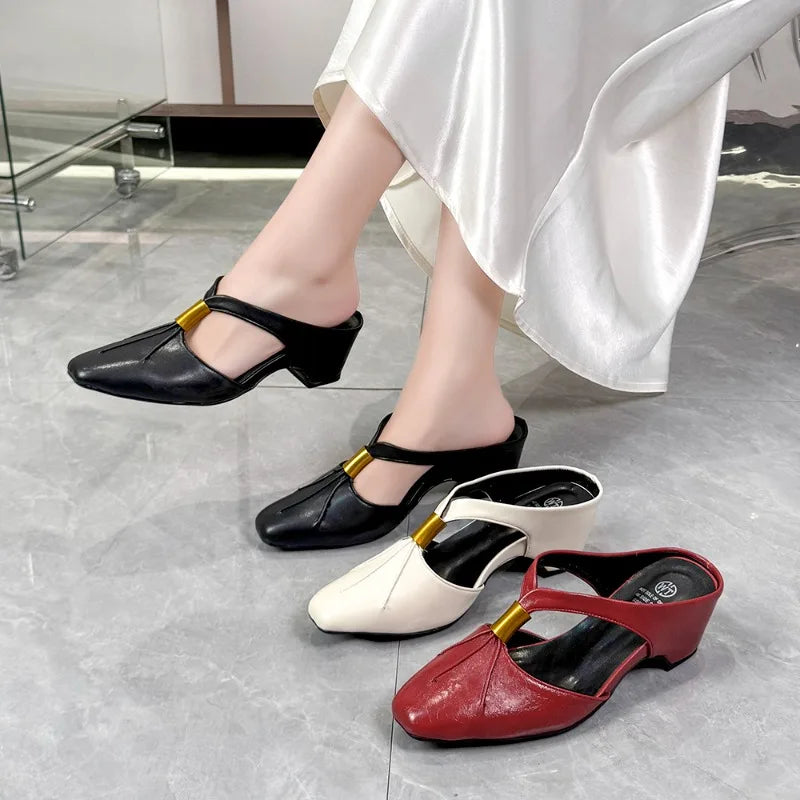 Women's Square Closed Toe Solid Vintage Wedge Heel Slippers Women Zpaxo