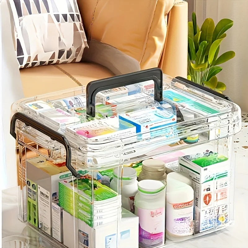 Durable Double-layer Transparent Medicine Storage Box Handle Clear Zpaxo