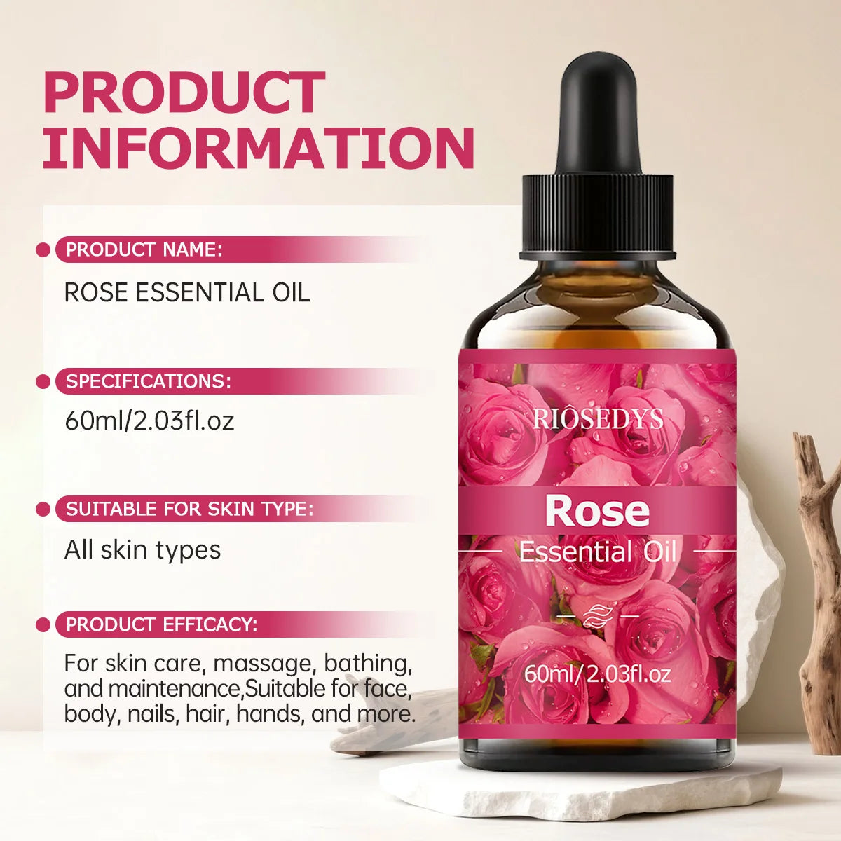 60ml ROSE ESSENTIAL OIL is a has deep nourishing moisturizing effects, making it suitable for massage, skin care, and hydration. Zpaxo
