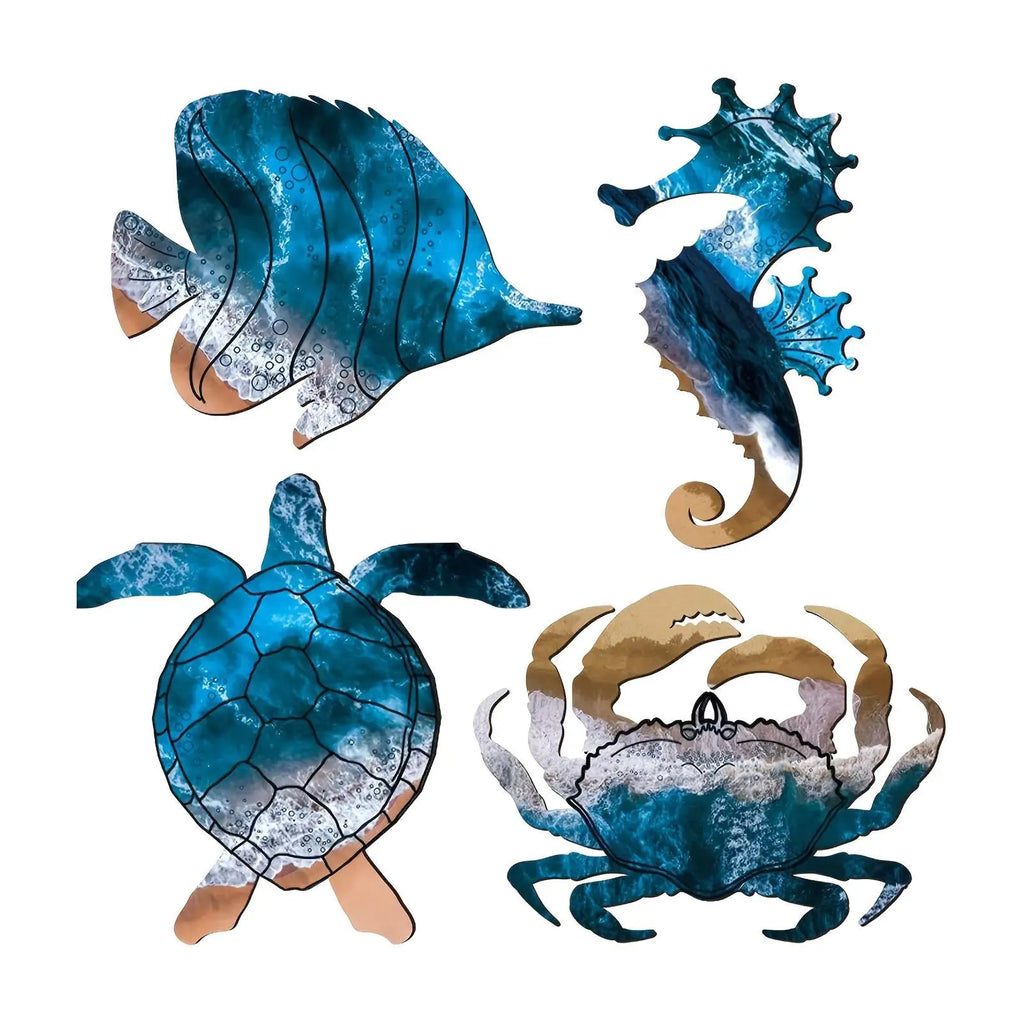 4x Sea Turtle Seahorse Crabs Fish Wall Sculpture Coastal Nautical Art for Cafe Lake House Ocean Bathroom Living Room Hotel Zpaxo
