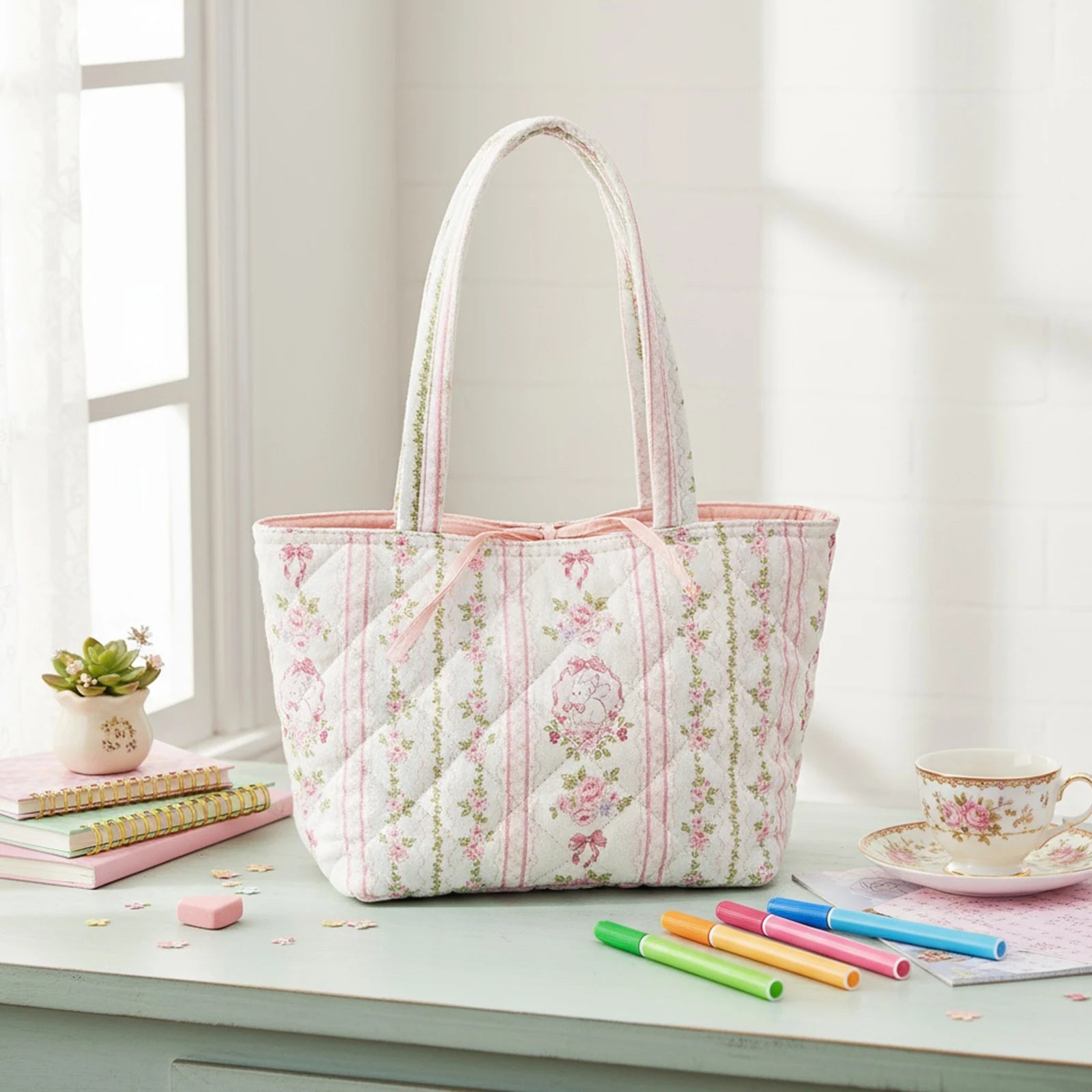 Floral Quilted Cotton Shoulder Bag Fashion Tote Bow Underarm Women Zpaxo