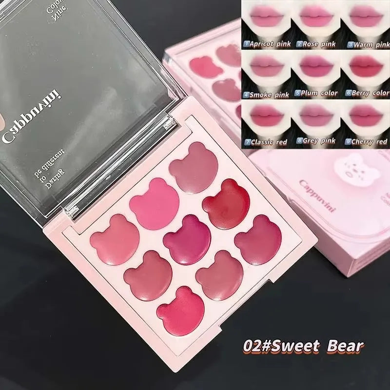 9Color Bear Lipstick Palette Lip Mud Matte Sweet Warm Colors Cheeks