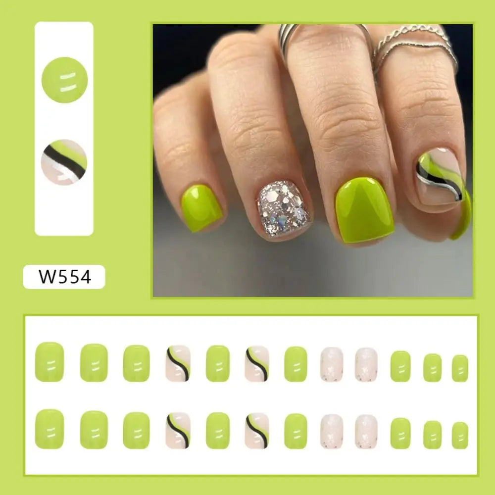 24pcs Short Square False Nails French Shining Crystal Glitter Ink Wavy Full Cover Detachable Nail Tips Zpaxo