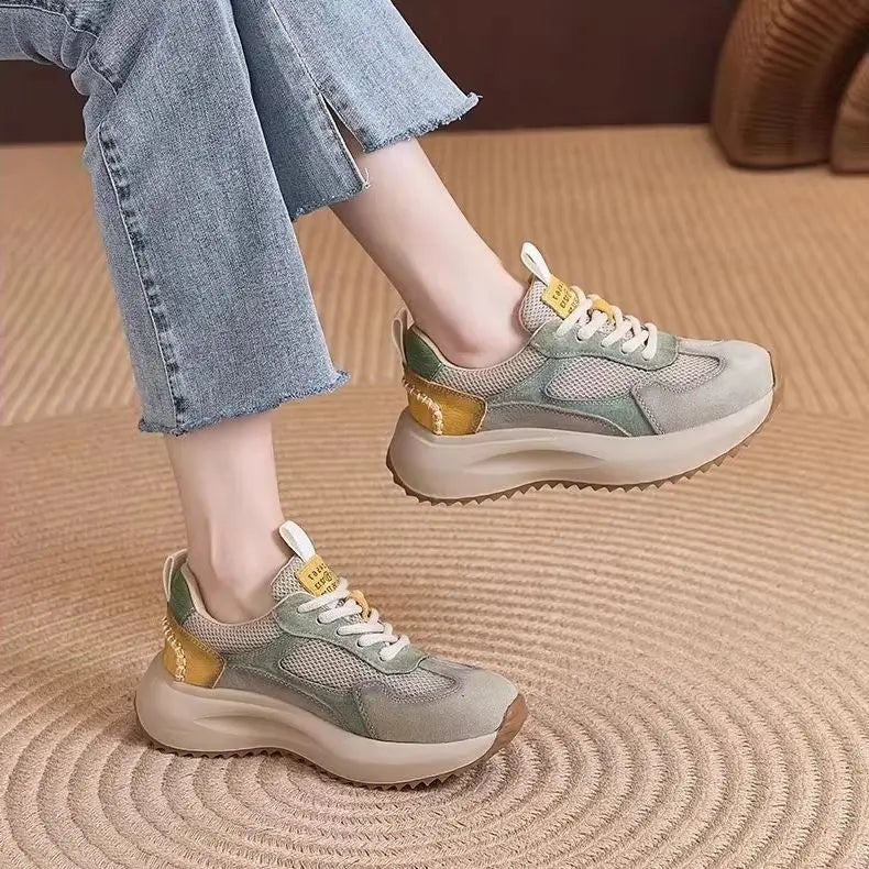 Green Beige Patchwork Chunky Sneakers Women Breathable Mesh Suede Zpaxo