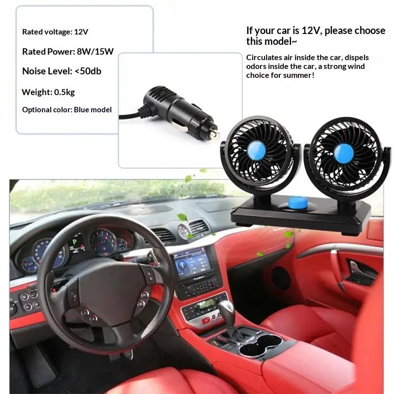 Dual 360° Car Cooling Fan 12V – Truck, RV, Boat & Desk Use