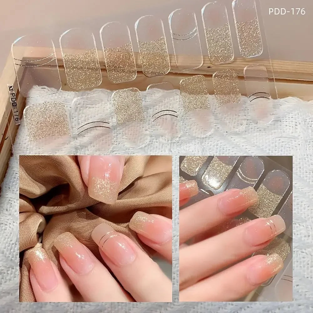 14Strips Gel Nail Stickers Full Cover Floristic Art Semi Cured Polish