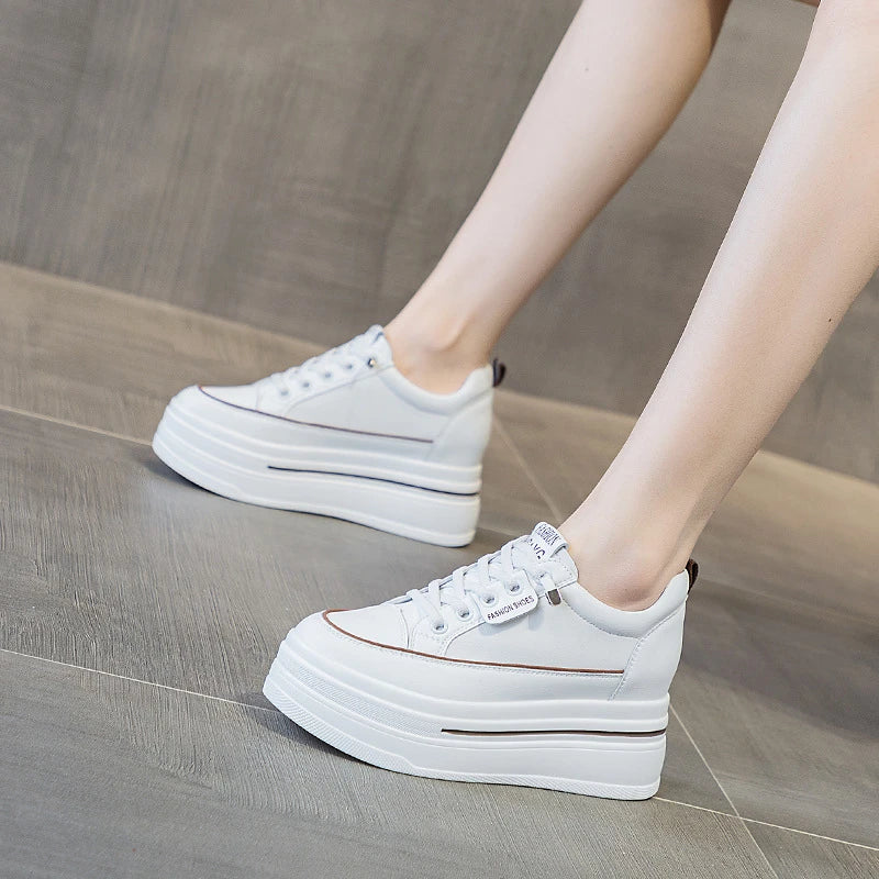 Women White Leather Platform Sneakers Hidden Heel Lift Casual Low Zpaxo