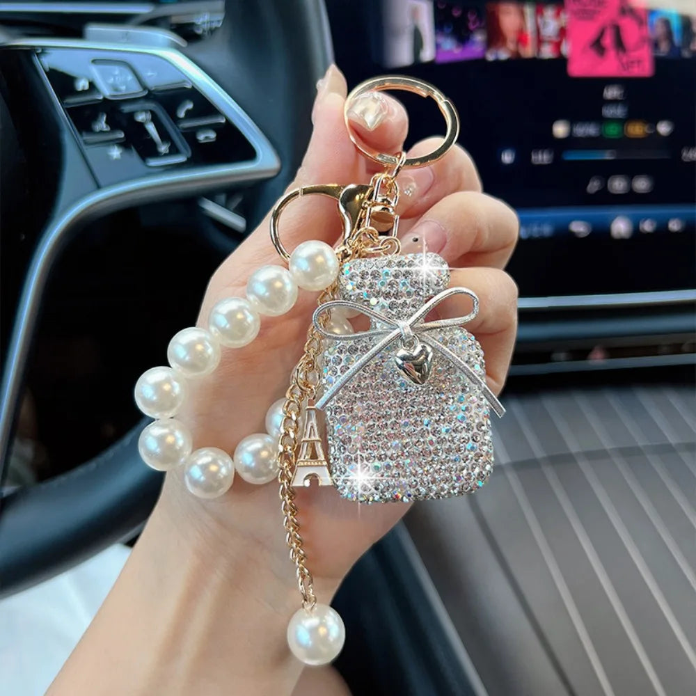 Charming Gift Bow Knot Shape Keychain Pearls Tassel Rhinestone Keyring Rhinestone Inlaid Cute Shape Shape Keyring Decor Zpaxo White