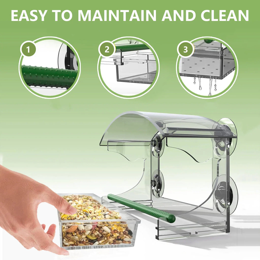 Acrylic Window Bird Feeder Clear House Suction Cups Removable Tray