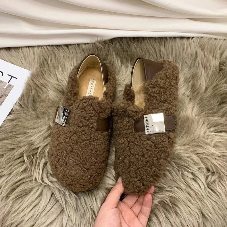 Winter Shoes Women Round Toe Slip-on Female Footwear Loafers Fur Zpaxo 40 Brown