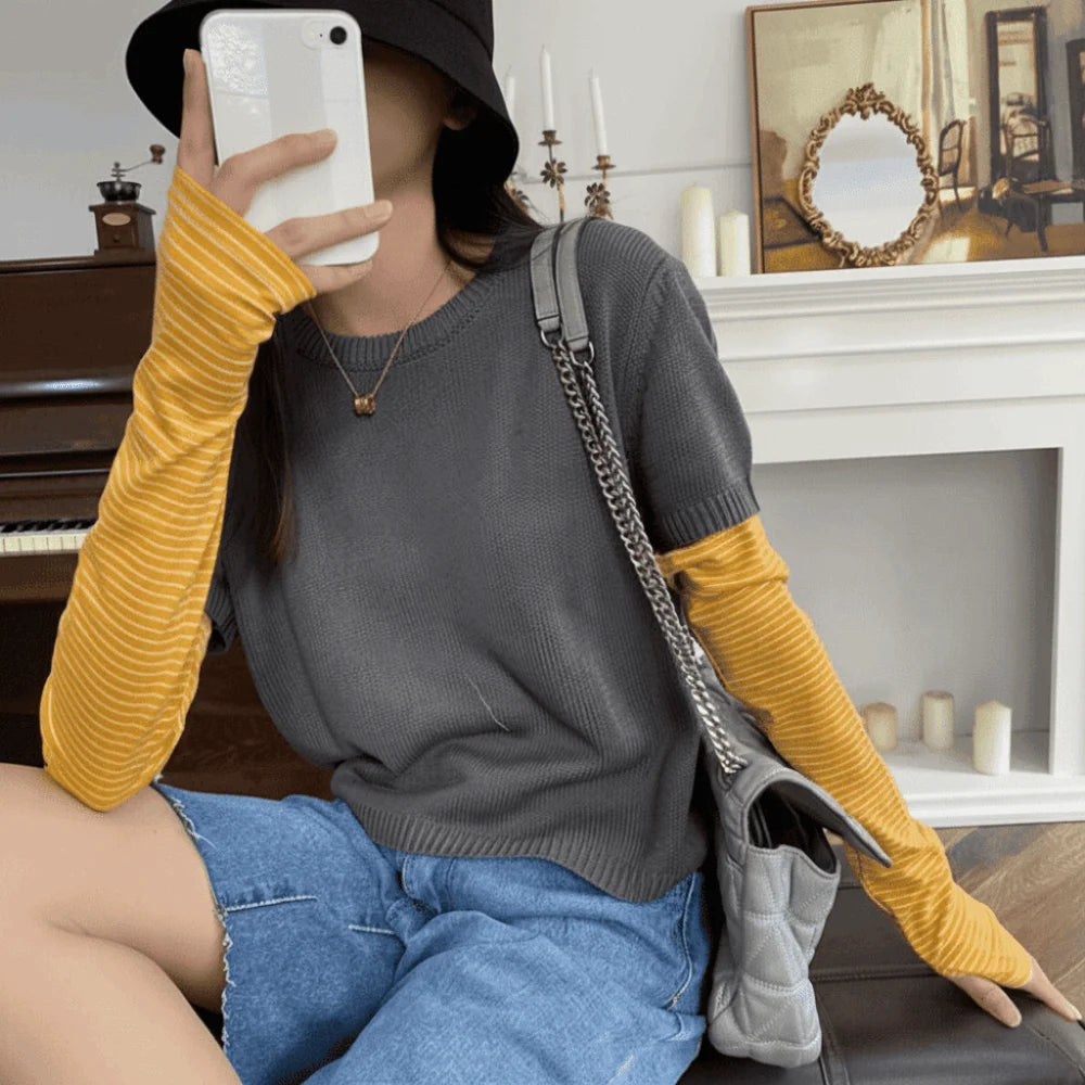 1 Pair Retro Sun Protection Sleeves Striped Design UV Protection Ice Silk Sleeves Japanese Style Breathable UV Resistant Sleeves Zpaxo