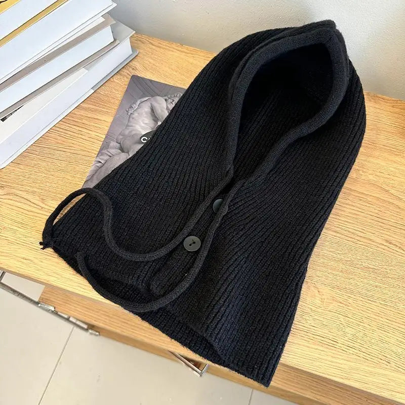 Winter Balaclava Hat Warm Knitted Women's Hood Solid Neck Pullover Zpaxo Black