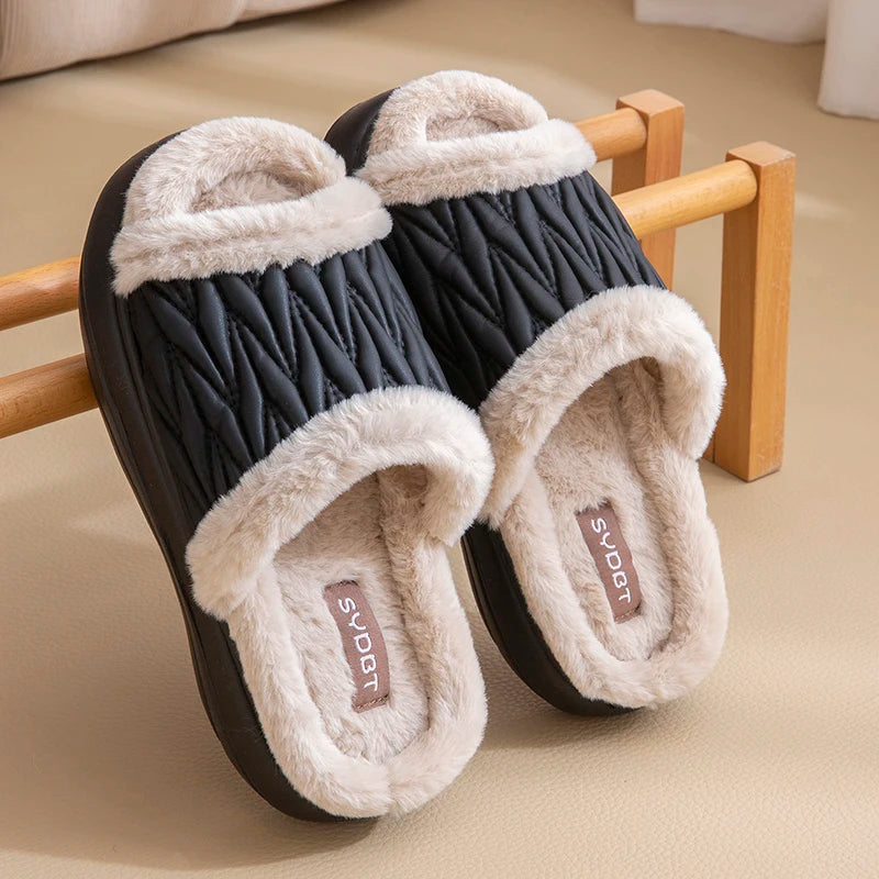 Winter Quilted Furry Open Toe Slippers Unisex Men Women Thick Sole Zpaxo black 38-39