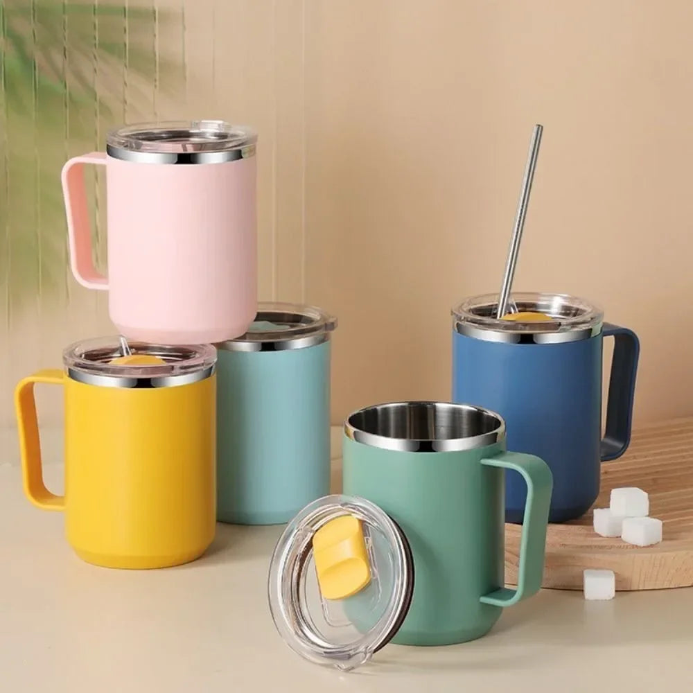 Coffee Cup Handle Lid Straw Insulated Vacuum Stainless Steel Double