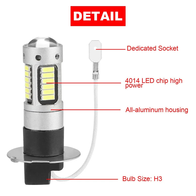 H3 LED Fog Light Bulbs 6000K White 1800LM – 2-Pack DRL