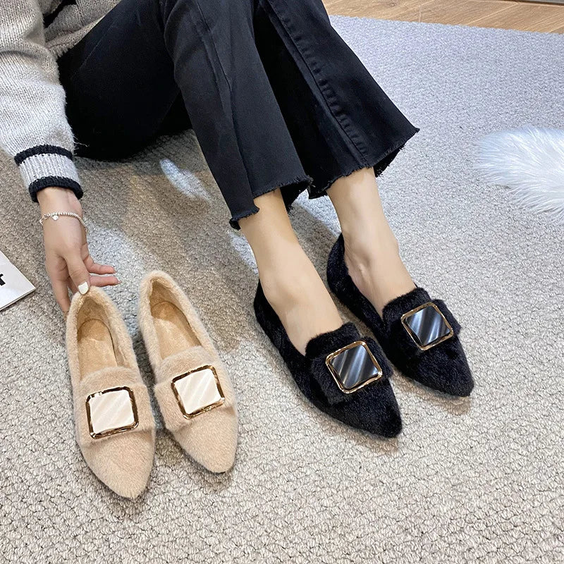 Hairy Flats Shoes for Women 2024 New Pointed Flat Bottom Mink Fur Winter Velvet Women's Shoes Ladies Shoes Plus Size 41 42 43 Zpaxo
