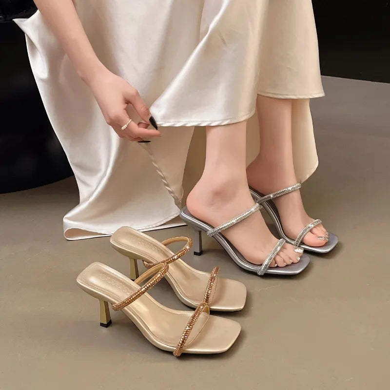 Square Toe Women's Rhinestone Strap Slippers Summer Temperament Open Zpaxo