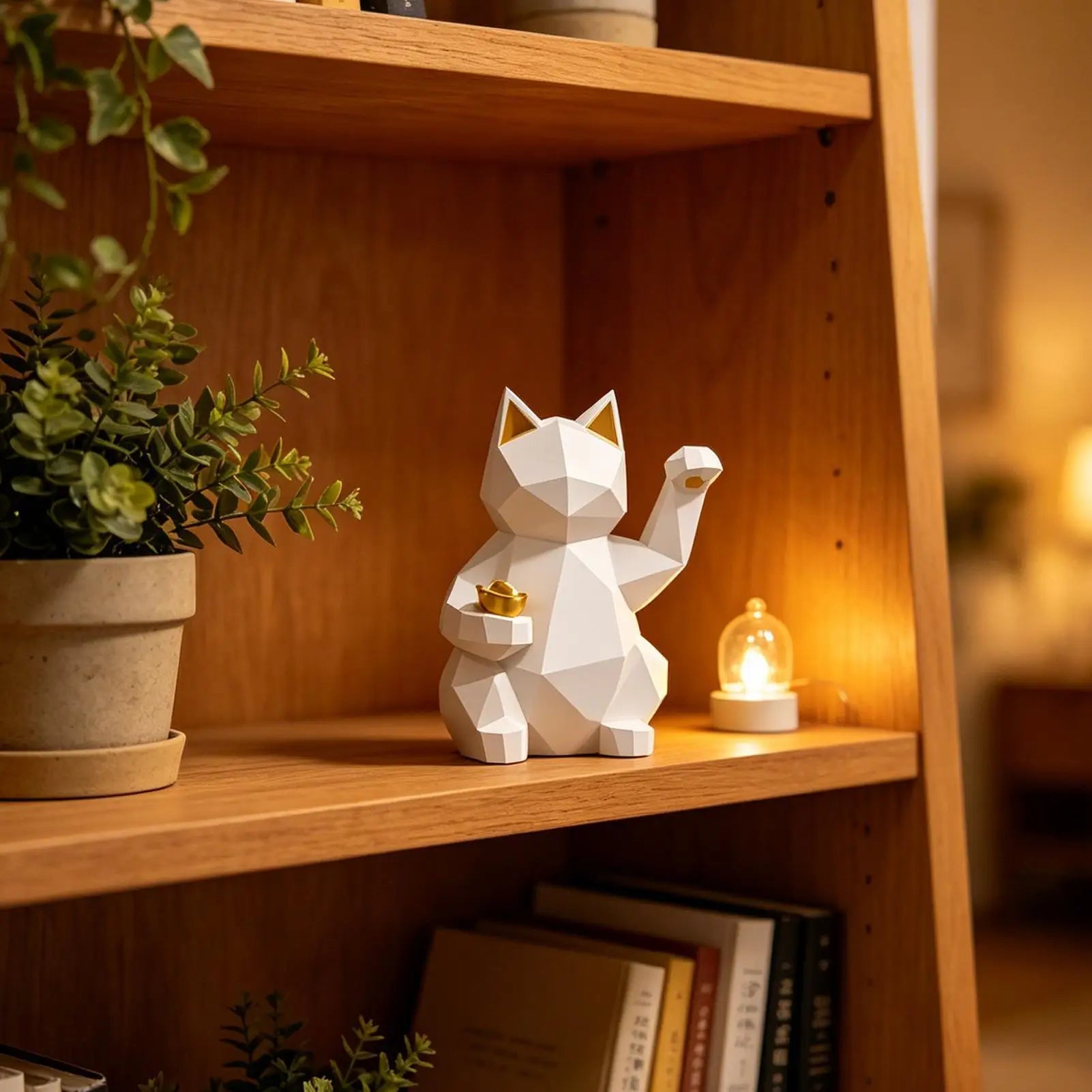 Luck Cat Geometric Resin Waving Desk Fortune Decor Home Office