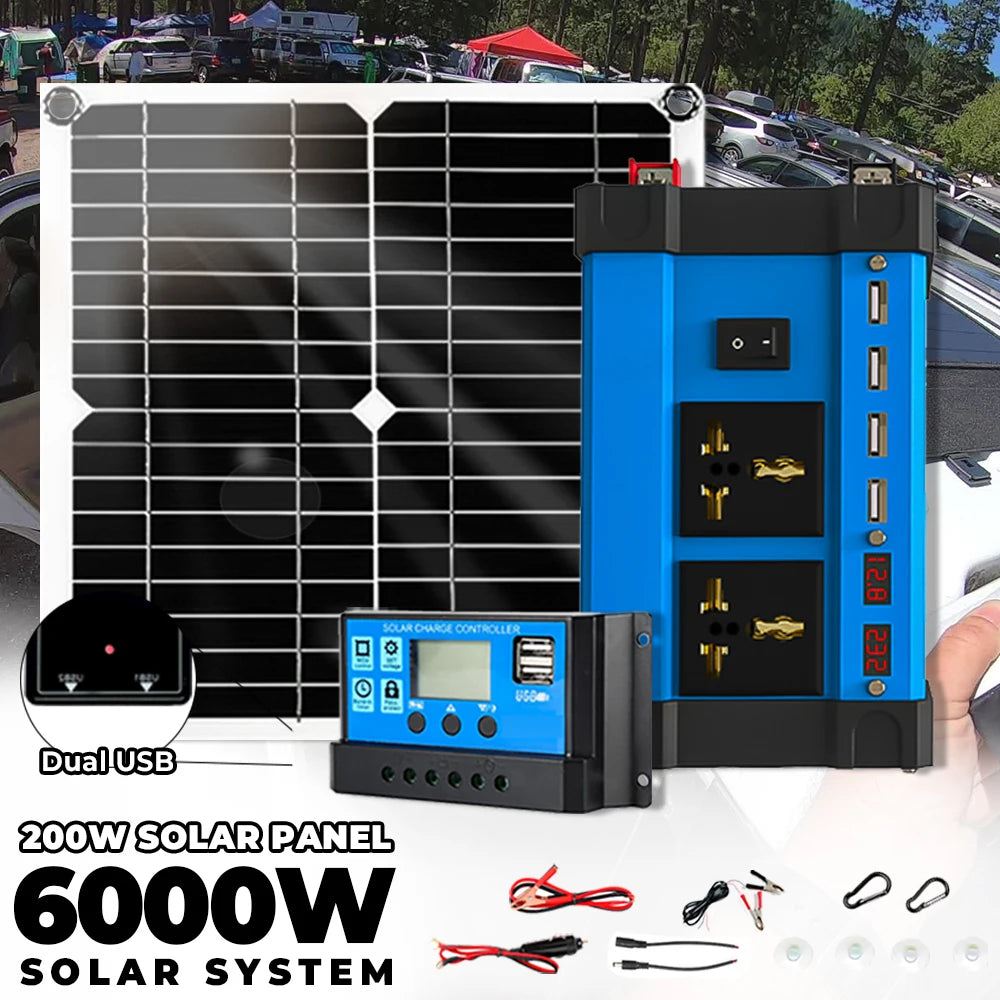6000W Inverter 30A Controller 5V Solar Panel Smart Phone Car Charge Camping Home Solar Power System for Home Complete Kit RV Zpaxo