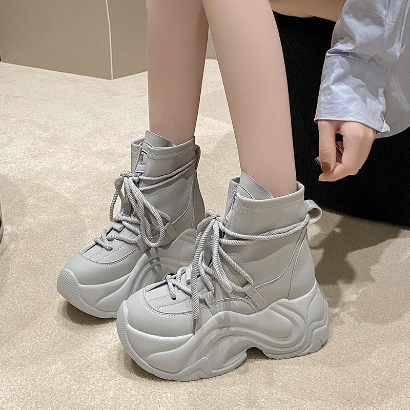 Women's Autumn Winter Ankle Leather Boots Heel Motorcycle Thick Sole Zpaxo