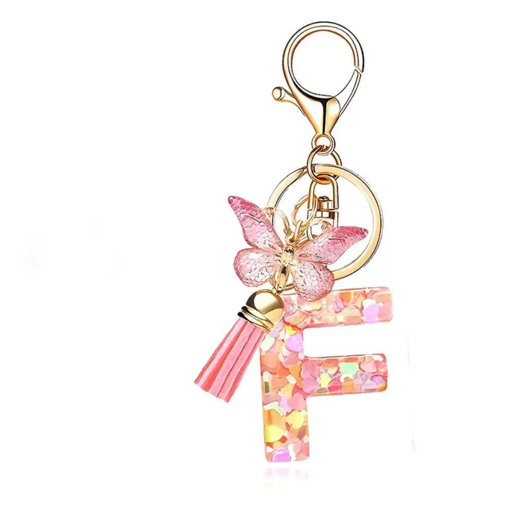 Personality Dreamy 26 Letter Keychain Sequin A-Z Butterfly Initial Keyring Exquisite Pink Alphabet Key Chain Handbag DecorWomen Zpaxo Letter F
