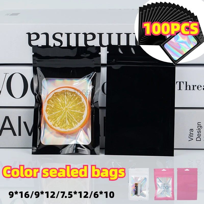 100PCS Holographic Bag Laser Pattern Self Sealing Bag Candy Pouch Resealable Necklace Jewelry Gift Packaging Kitchen Storage Bag Zpaxo