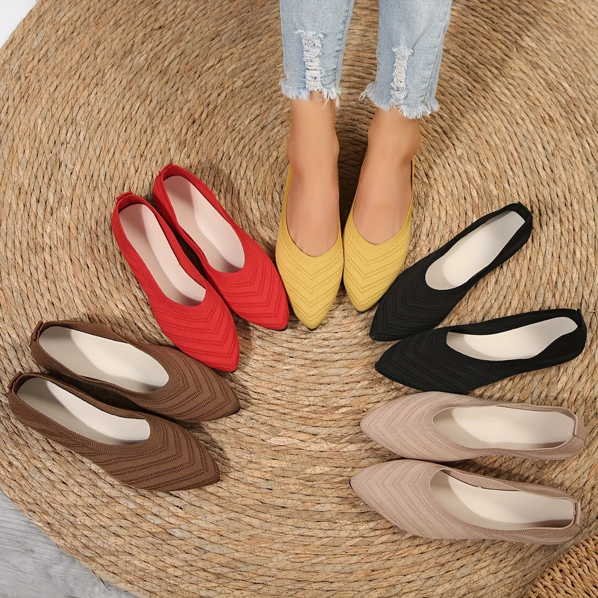Women's Pointed Toe Flat Shoes Solid Color Knitted Slip on Shoes Casual Breathable Ballet Flats Women Flat Shoes Loafers Women Zpaxo