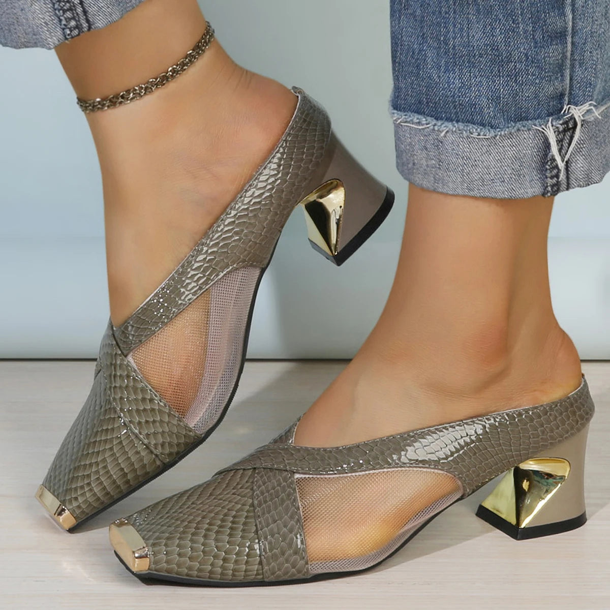 2025 Women High Heels Sandals Breathable Thick Heels Sandals Comfort Square Head Shoes for Women Fashion Large Size Shoes Women Zpaxo GRAY 41