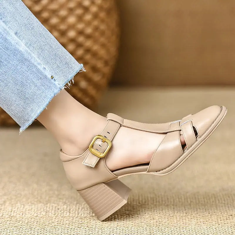 2025 New Fashion Classics Genuine Leather Sandals Woman Thick High Heels Sandals Office Ladies Dress Summer Shoes Heels Women Zpaxo