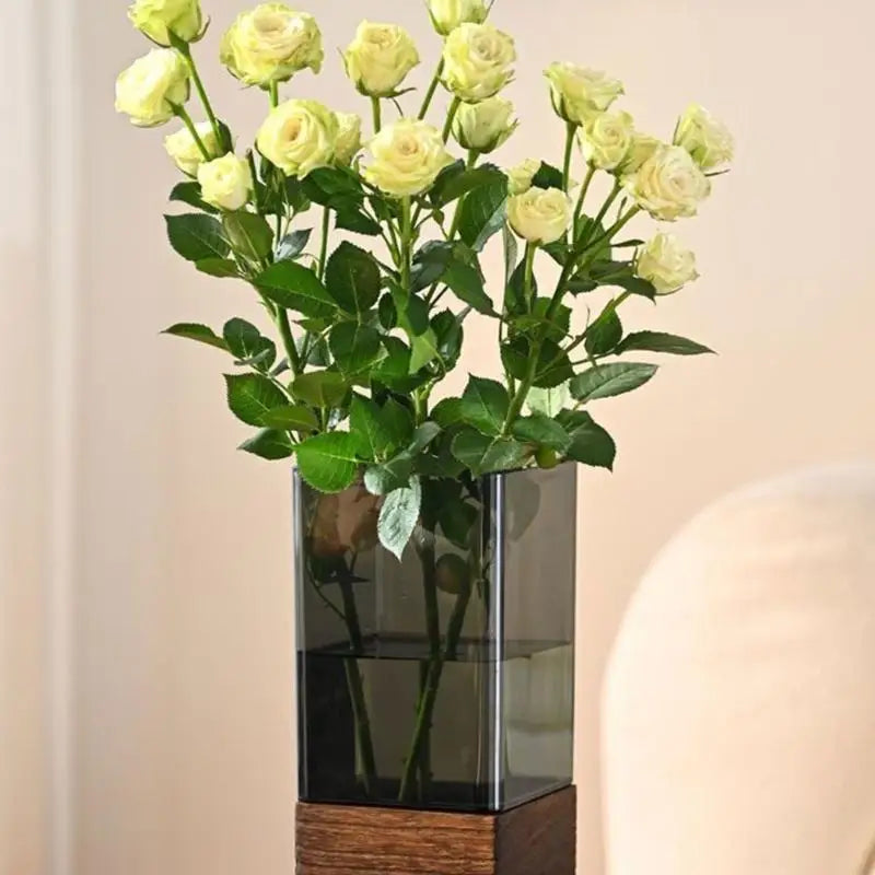 Artistic Acrylic Vases Wooden Base Square Cylindrical Flower Rustics