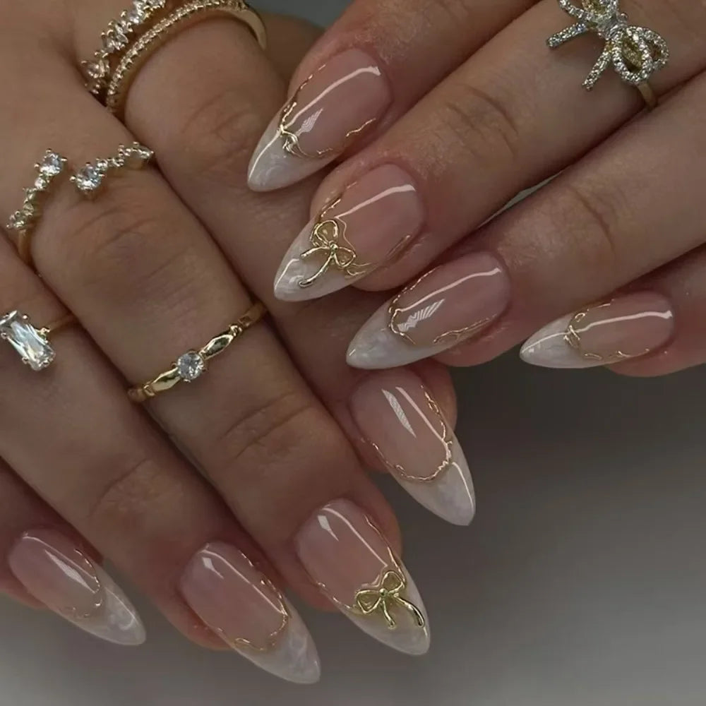 Long Almond False Nails French Leopard Star Press Fake DIY Manicure