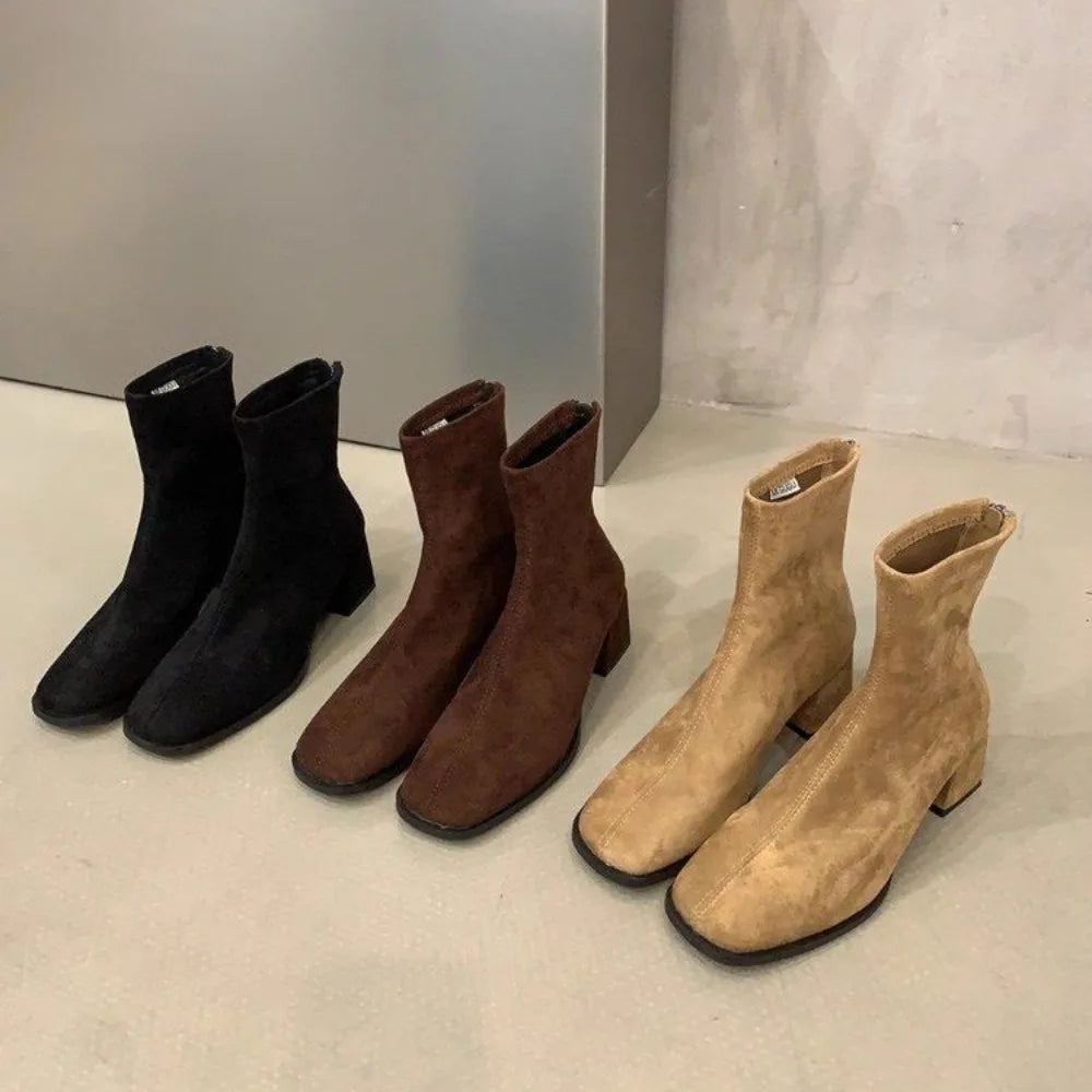 Autumn Winter Fleeces Women Sock Ankle Boots Fashion Square Heel