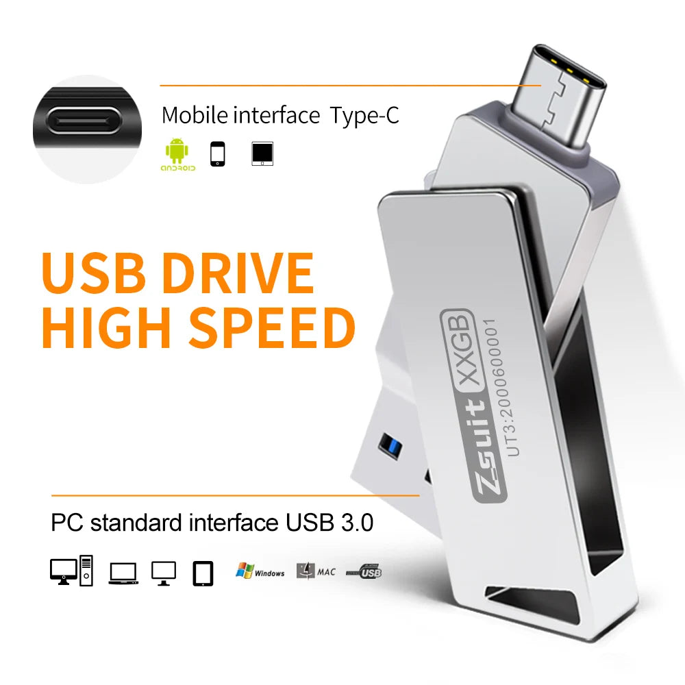 Zsuit USB Flash Drives Rotate USB-C Pendrive 64GB 128GB USB3.0 Type-C Pen Drives 2in 1 U Disk for iPhone Laptops Memory Stick Zpaxo