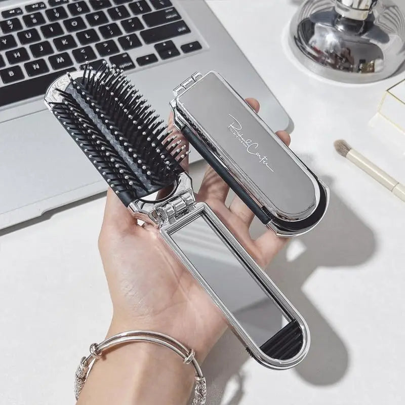 Folding Hair Brush with Mirror – Compact Travel Detangler