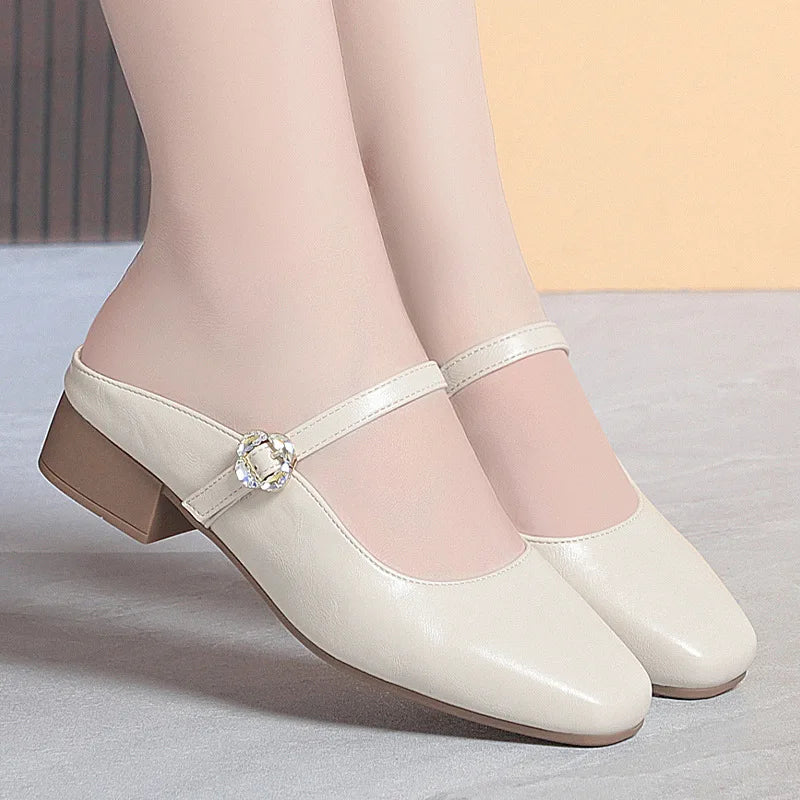 Black Patent Leather Mary Jane Mules Rhinestone Buckle Square Toe Low Zpaxo YZL330 beige 38 China Mainland