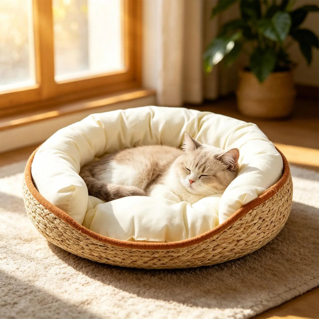 Cat Bed Basket Aesthetic Woven Cotton Rope Pad Nest Sofa Living Room