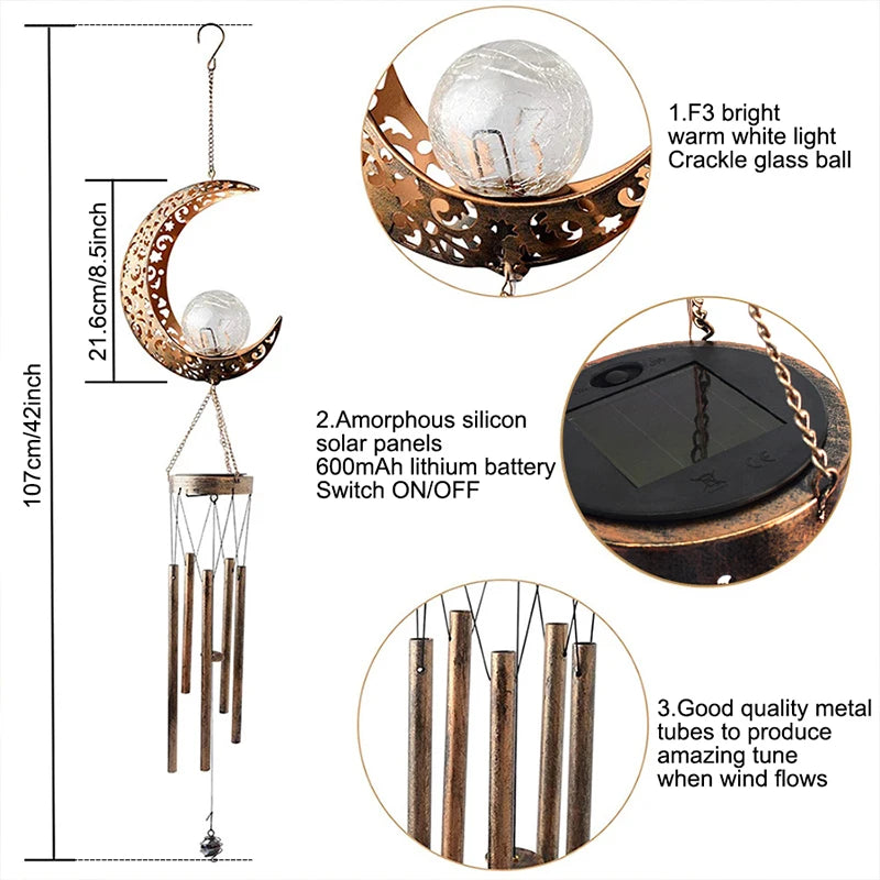Outdoor Solar Wind Chime Waterproof Cracked Glass Ball Dark Tone Sun Zpaxo