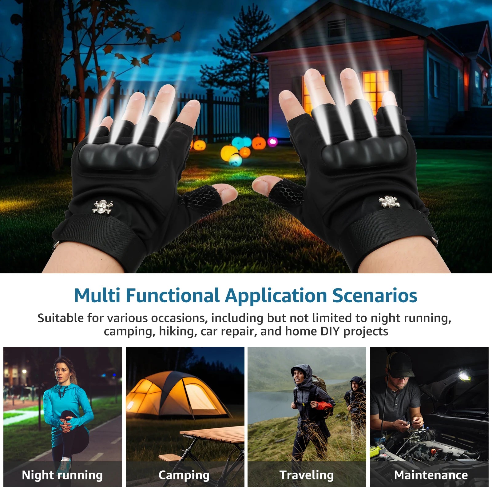 LED Flashlight Gloves 8 LEDs Breathable Half Finger Lighted Running