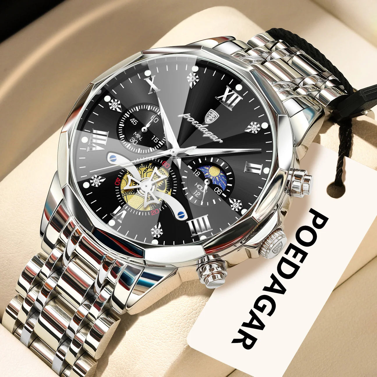 POEDAGAR Luxury Original Men Watch Waterproof Luminous Chronograph Man Wristwatch Stainless Steel Quartz Top Men's Watches Reloj Zpaxo 938 Silver Black