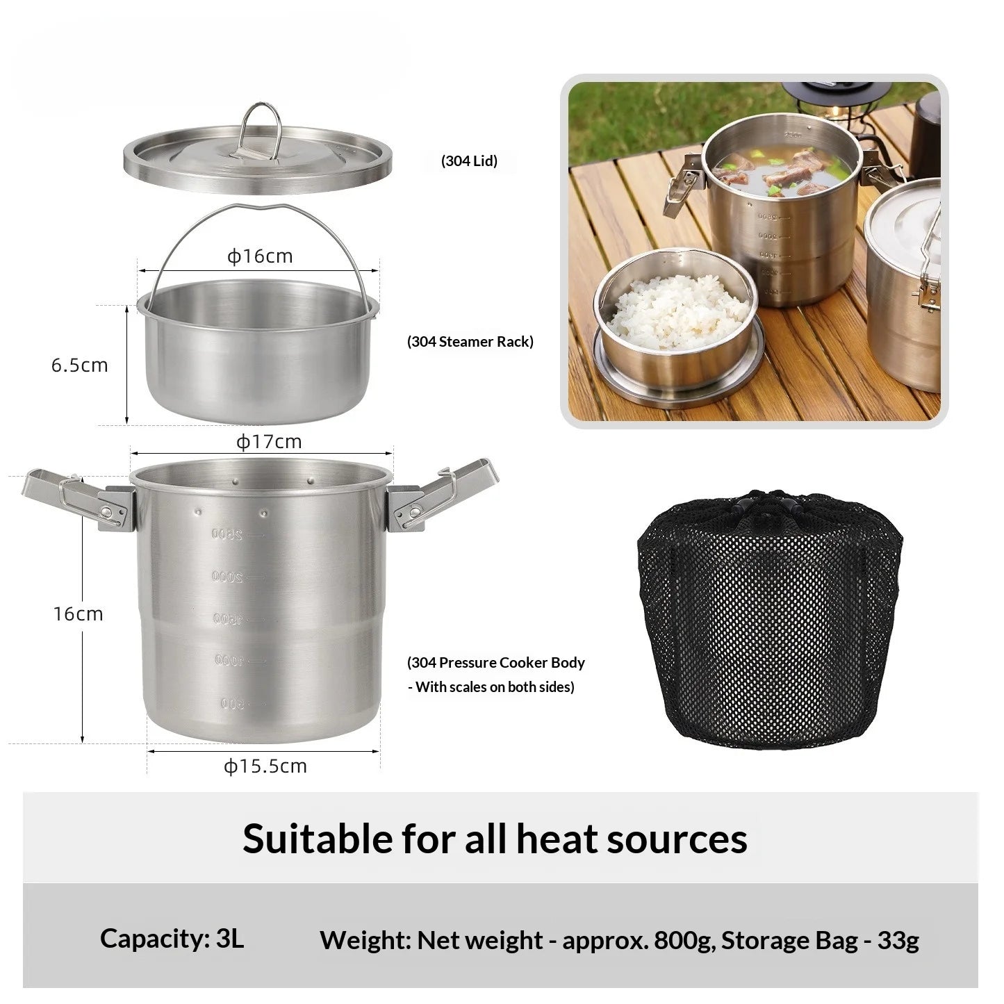 Outdoor 304 Stainless Steel Pot Camping Picnic Equipment Complete Set of Cooking Utensils Portable Hanging Pot Boiling Pot Zpaxo Double-ear style