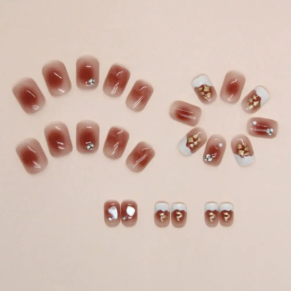 Short Round False Nails French Blue Sparkling Pearl White Wavy Love Zpaxo