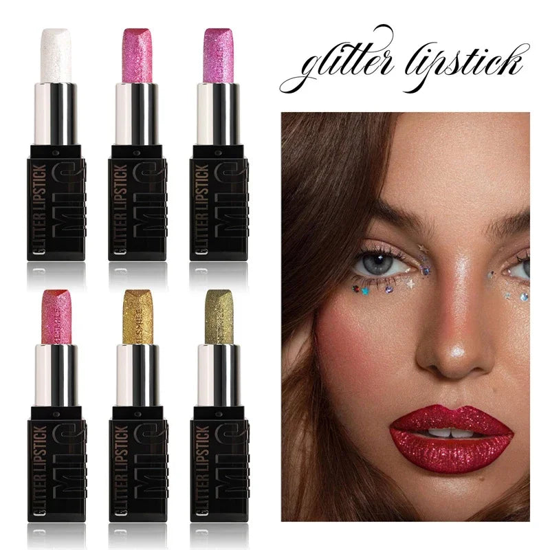 6 Color Glitter Lipstick Flash Lasting Easy Color Diamond Lipstick Waterproof Moisturizing Metallic Pearlescent Sexy Lips Makeup Zpaxo